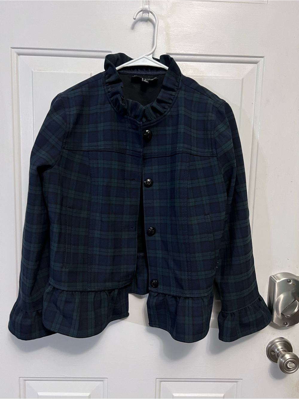Banana Republic Plaid Ruffle Peplum Jacket Womens 6 Navy Green Tartan Holiday